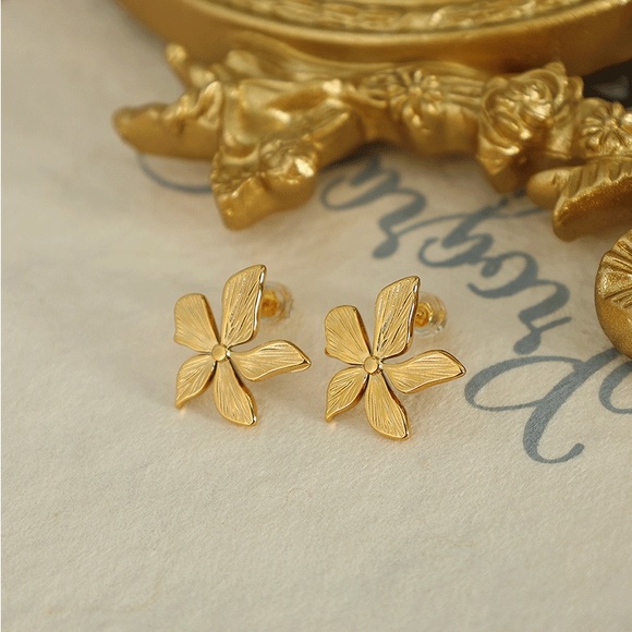 Gold Floral Earrings*Waterproof Jewelry - Picture 3 of 5